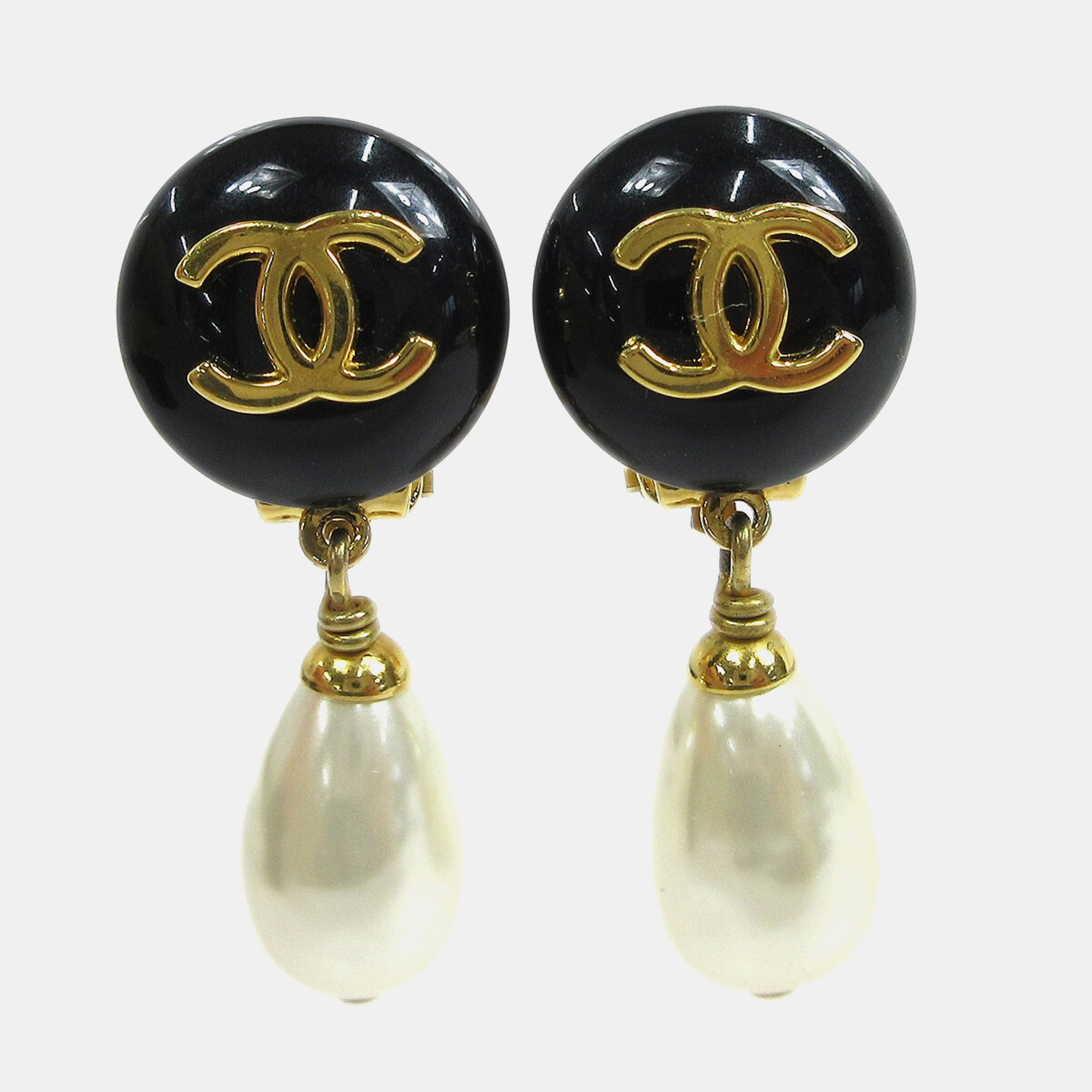

Chanel Artificial Pearl Dangle Earrings Clip-On Black