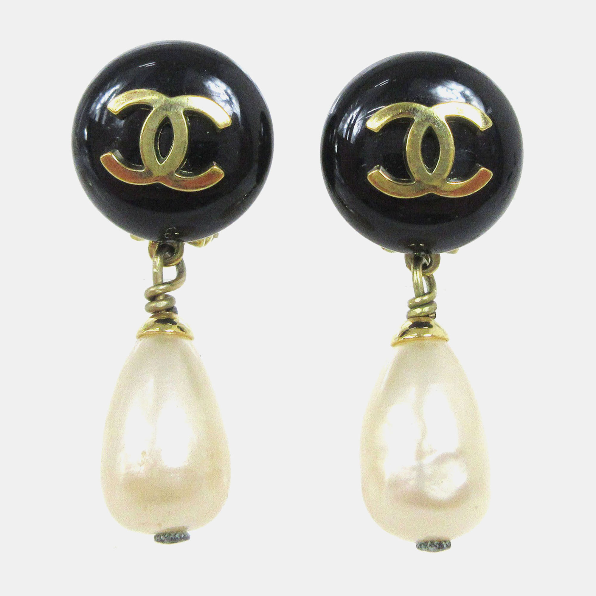 

Chanel Artificial Pearl Dangle Earrings Clip-On Black