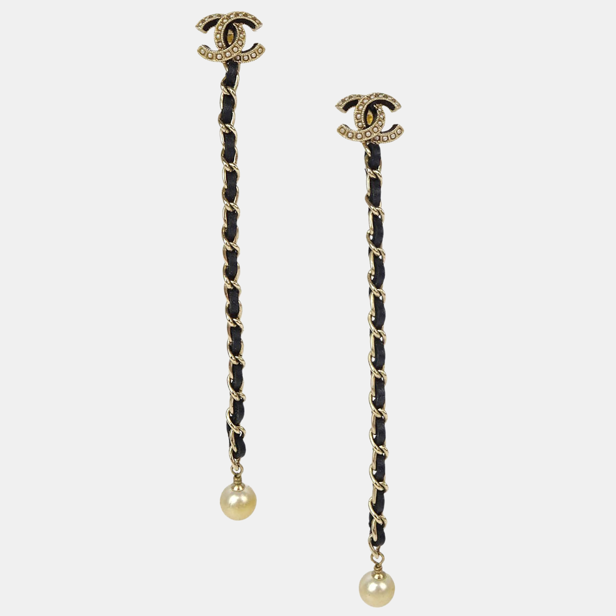 

Chanel Dangle Piercing Earrings Artificial Pearl Gold Black