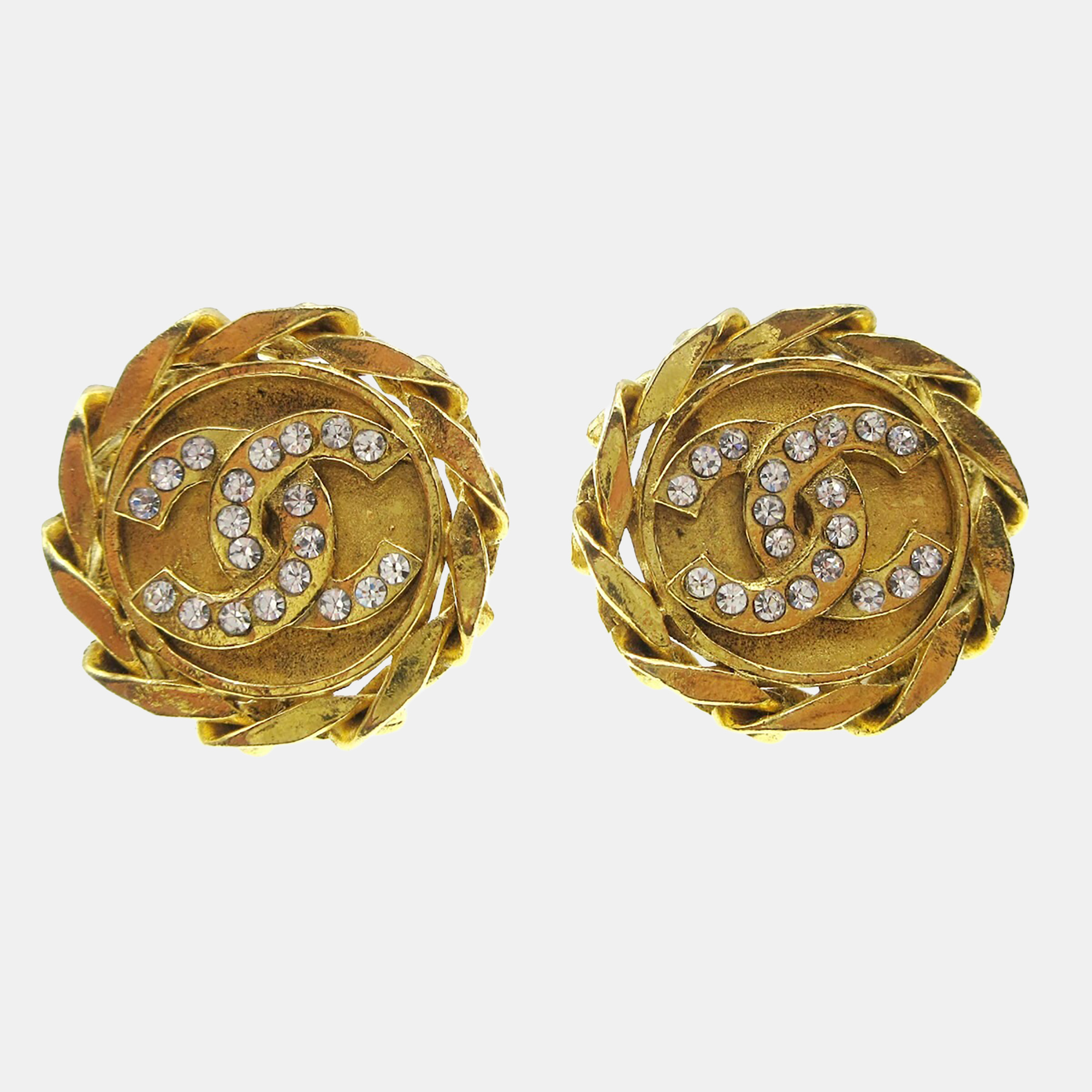 

Chanel Button Rhinestone Earrings Clip-On Gold