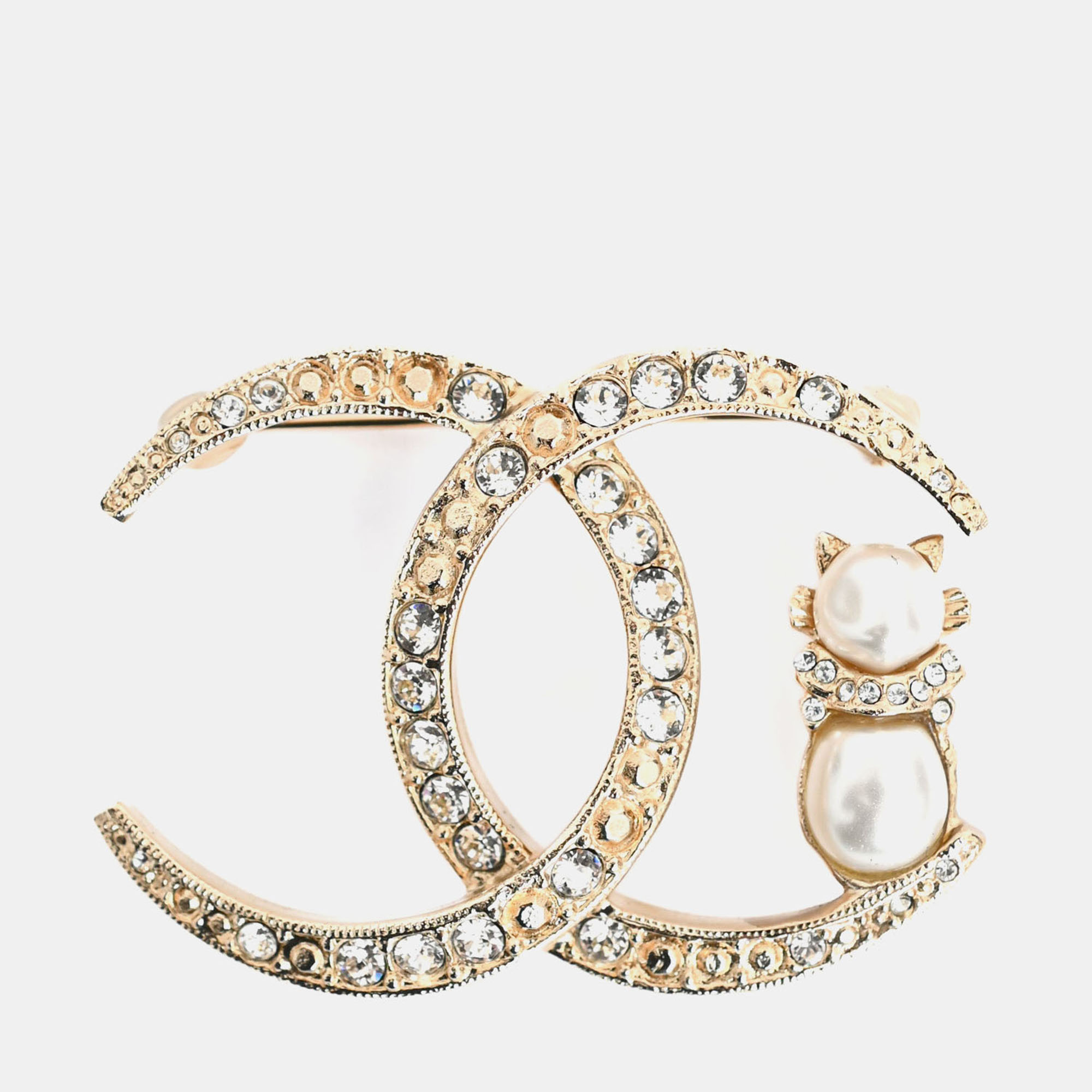 

Chanel Gold Tone Faux Crystal/Pearl CC Cat Brooch