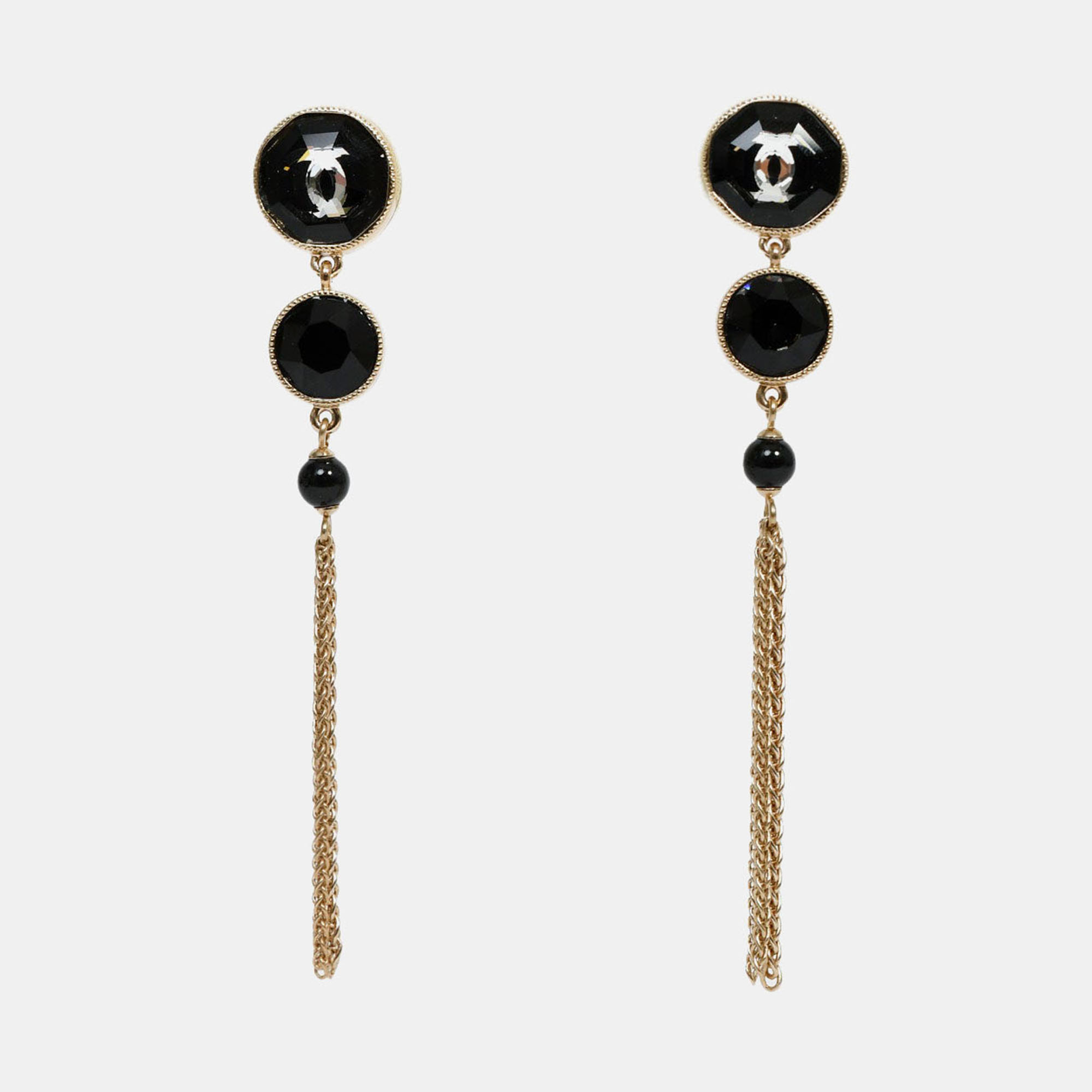 

Chanel 2018 Gold Toned Black Double Crystal CC Dangle Earrings