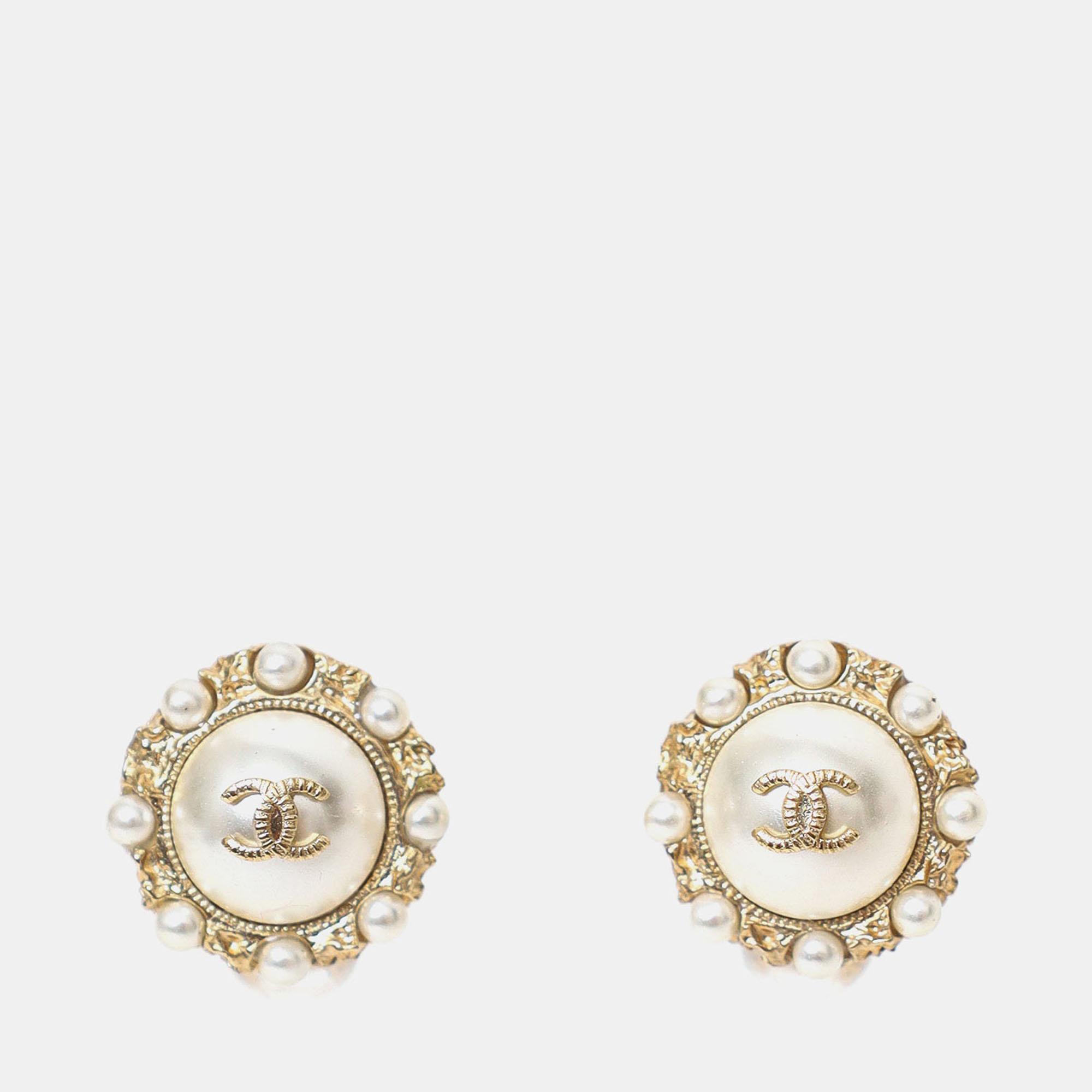 

Chanel Gold Tone Faux Pearl CC Logo Stud Earrings