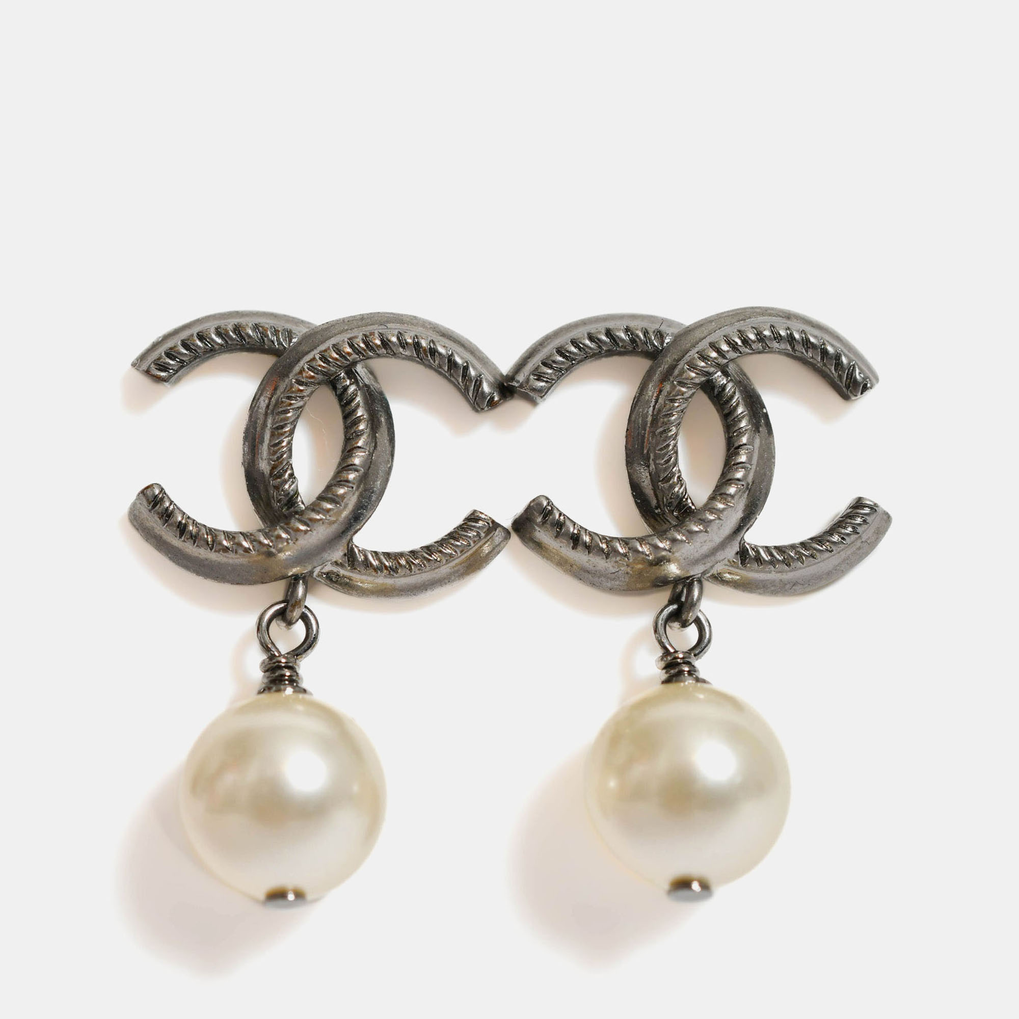 

Chanel 2011 Silver Toned CC Faux Pearl Drop Earrings
