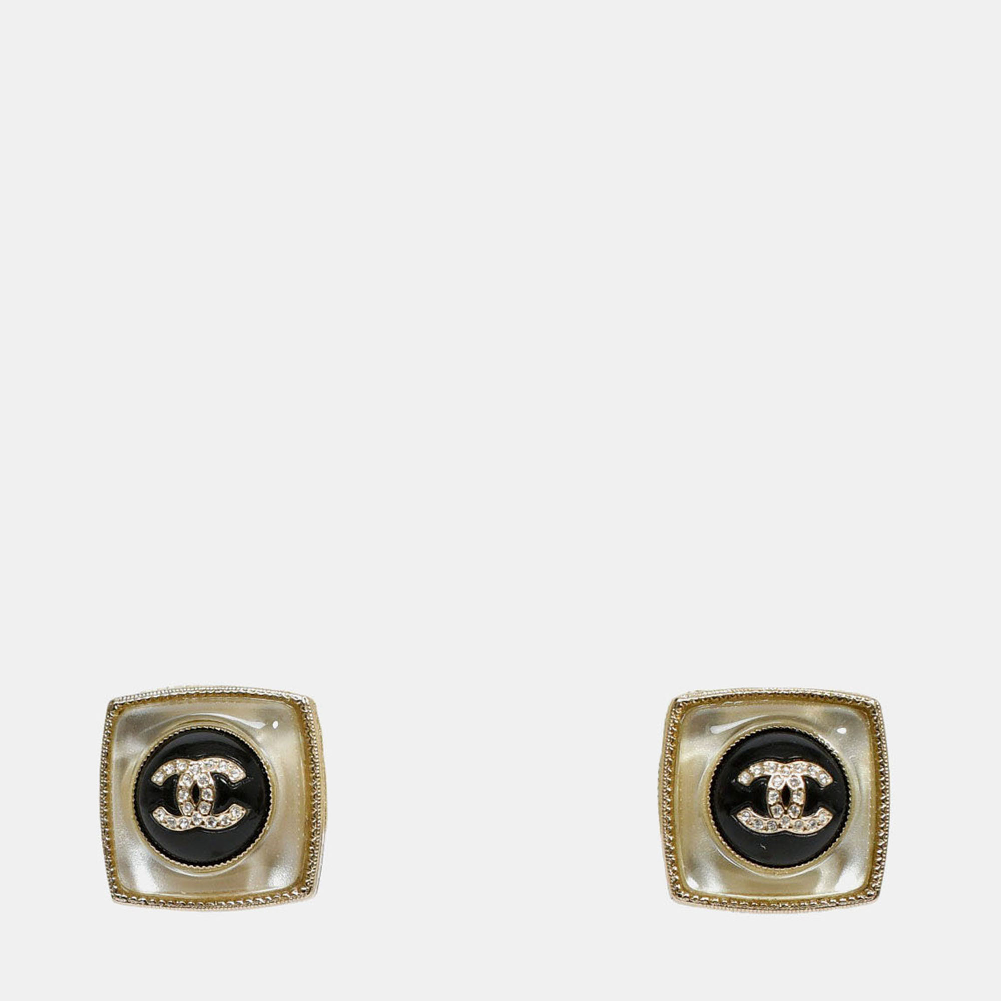 

Chanel 2022 Champagne Gold Toned Black Crystal CC Square Stud Earrings