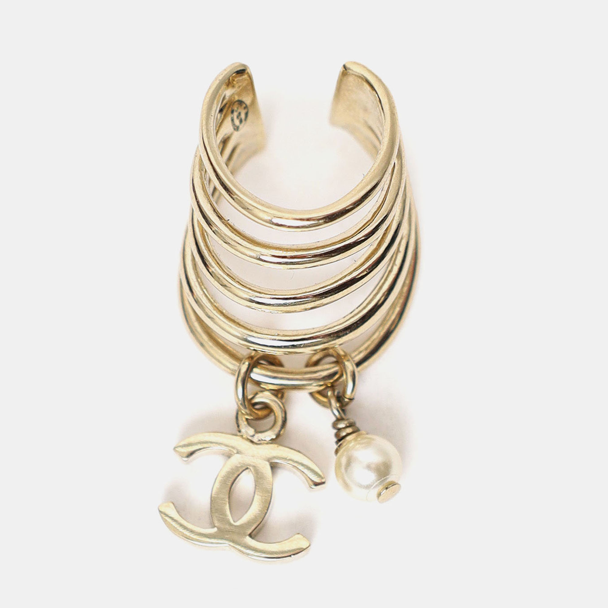 

Chanel Gold Tone Pearl CC Logo Dangle Drop Ear Cuff