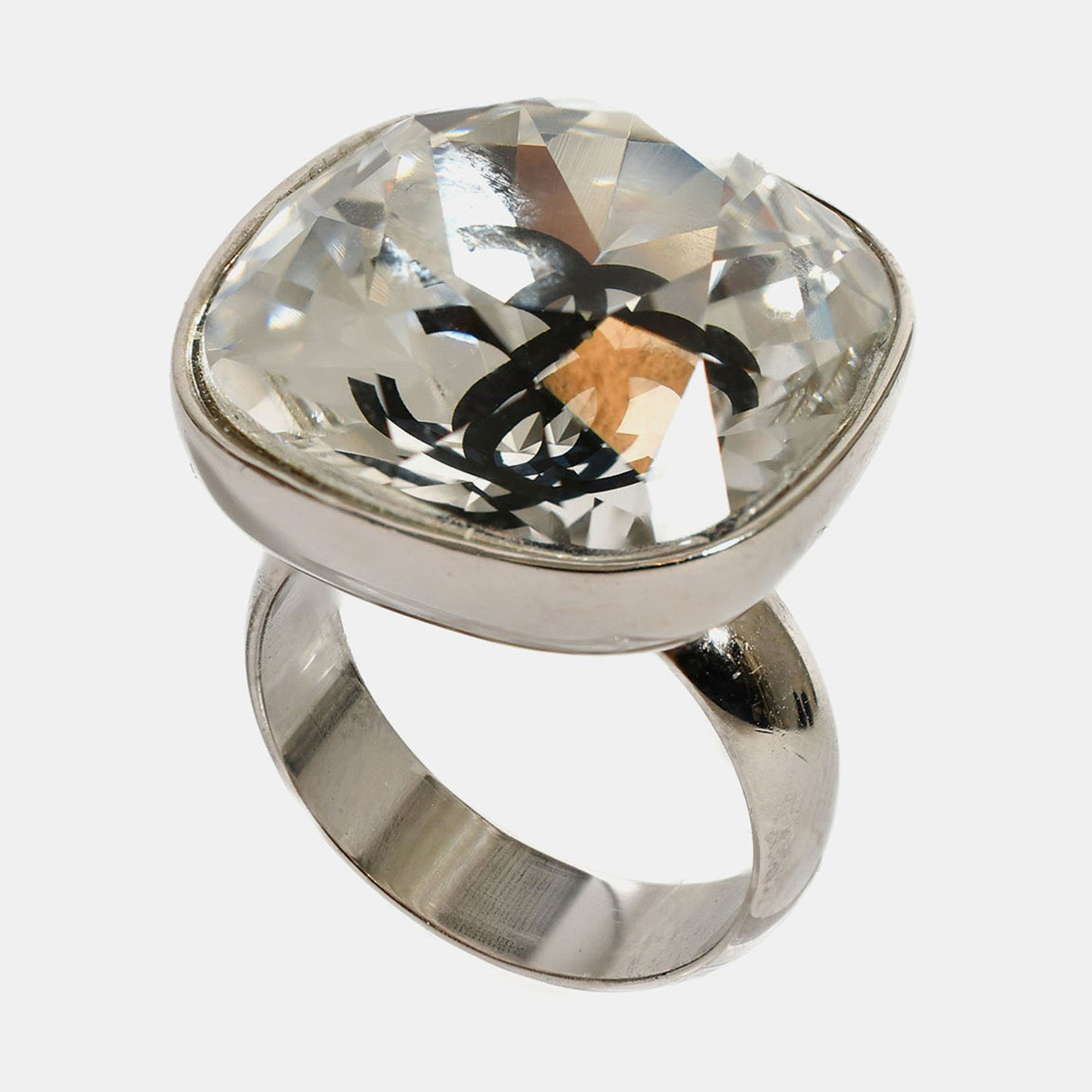 

Chanel 2017 Silver Toned CC Crystal Cocktail Ring