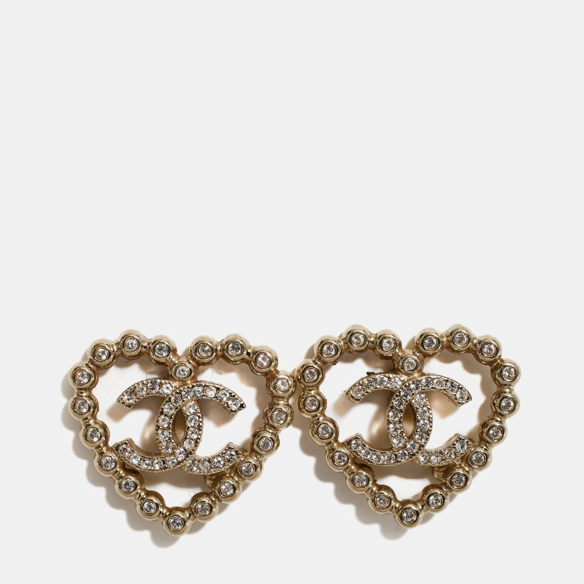 

Chanel 2025 Silver Toned Crystal Heart CC Stud Earrings