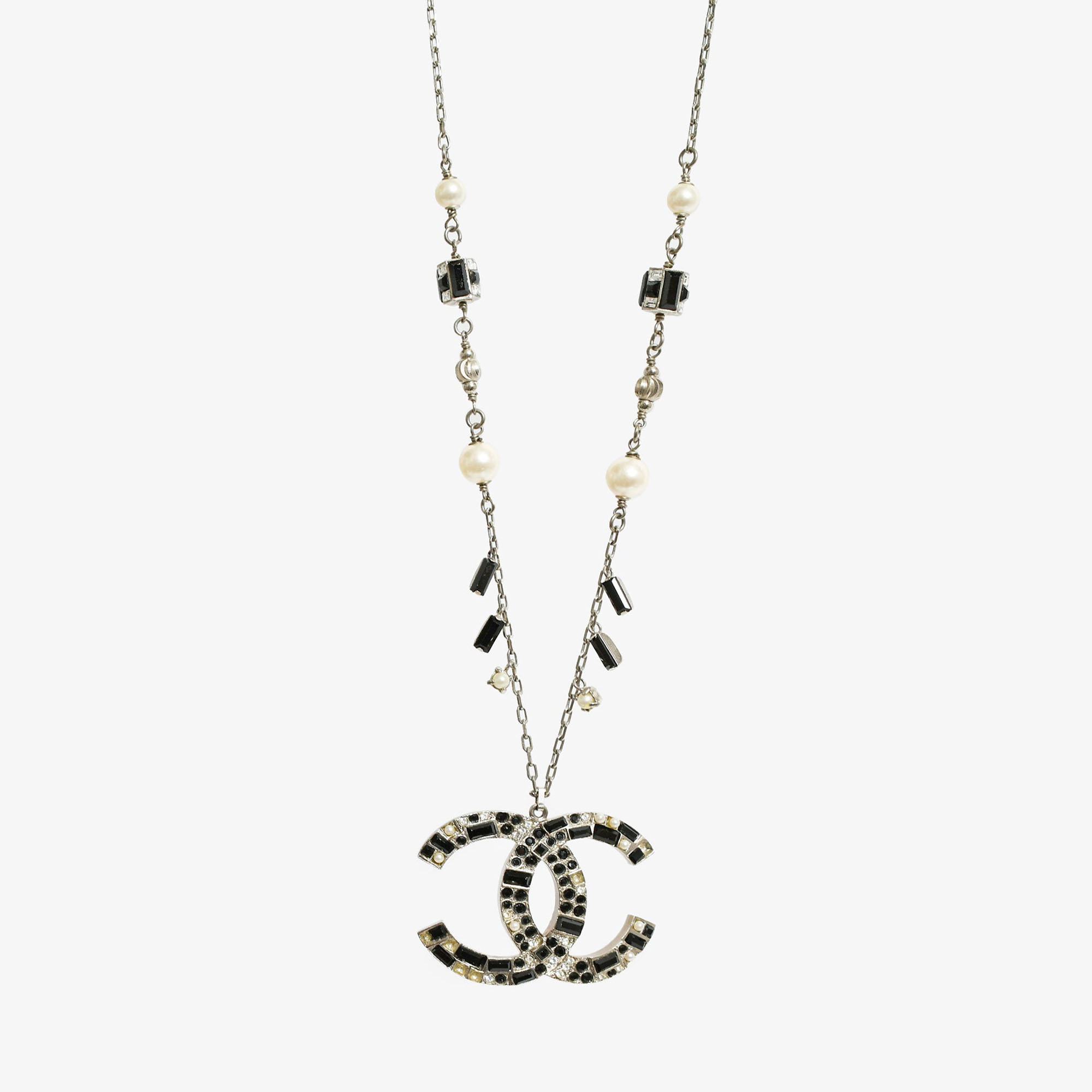 

Chanel Silver/Black Crystal "CC" Necklace with Pearl Detail