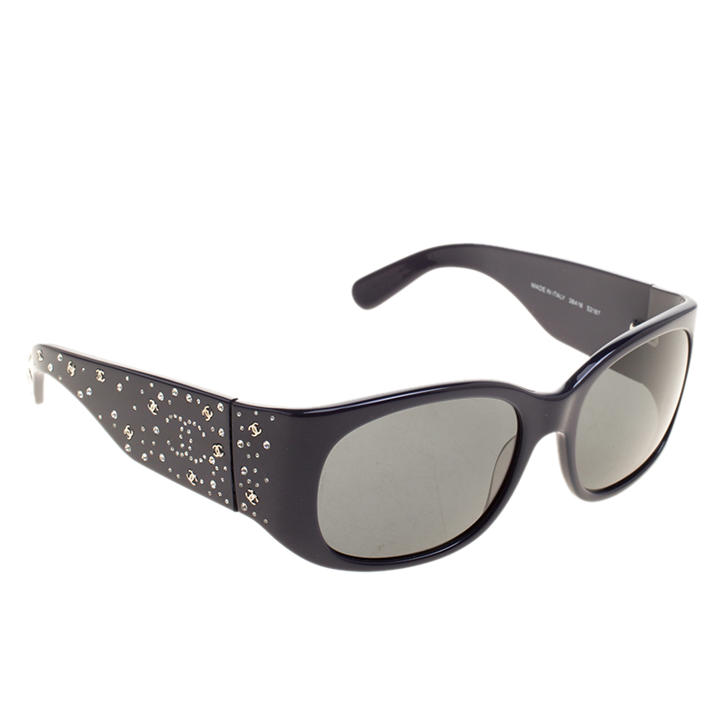 Chanel Navy Blue Crystal CC Logo Square Sunglasses