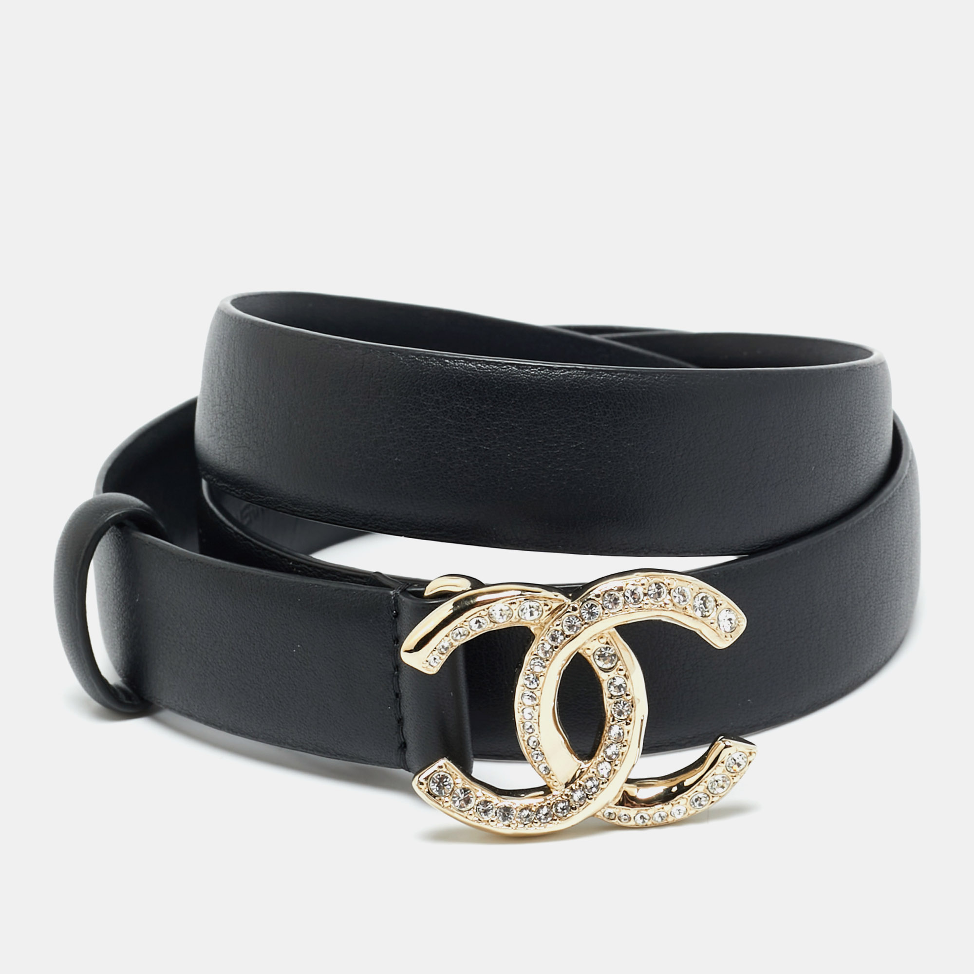

Chanel CC Crystal Embellished  Buckle Belt Black Leather