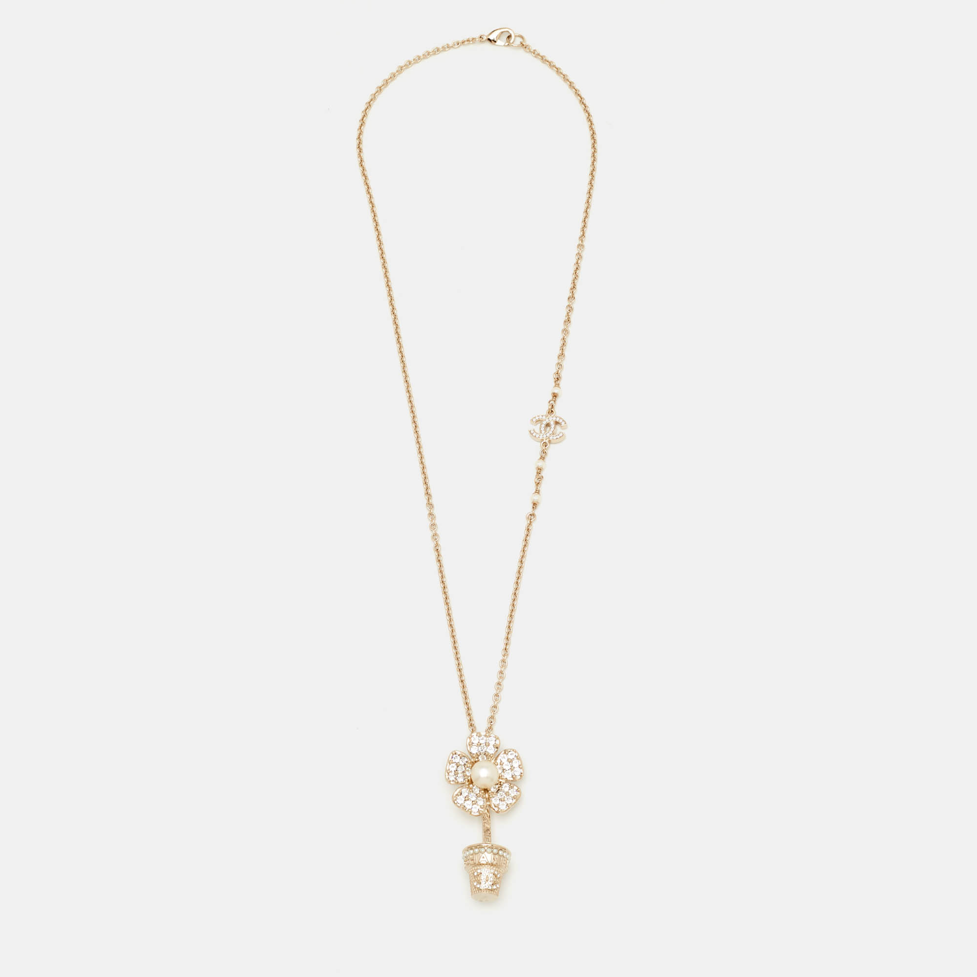 

Chanel Flower Pot Crystal Faux Pearl Gold Tone Pendant Necklace