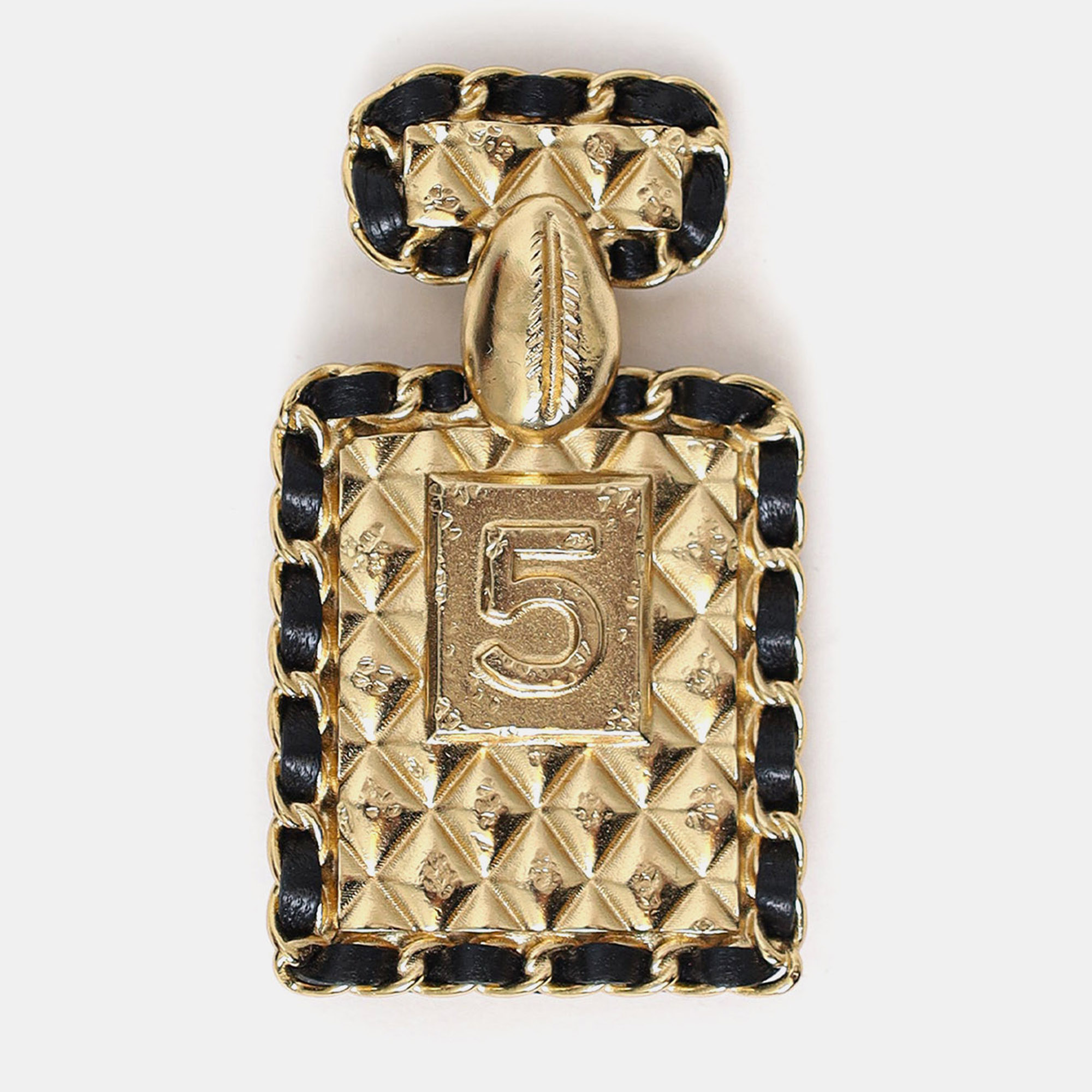 

Chanel B23 Gold Tone Leather Interlaced No.5 Perfume Bottle Brooch