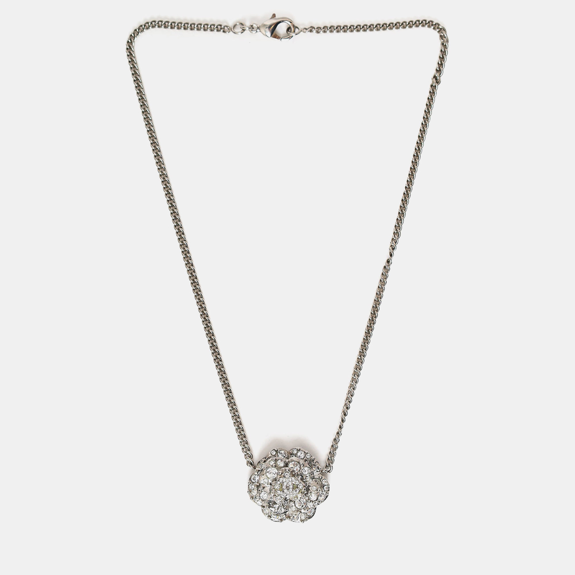 

Chanel Silver Tone Sterling Silver Crystal Camellia Flower Necklace