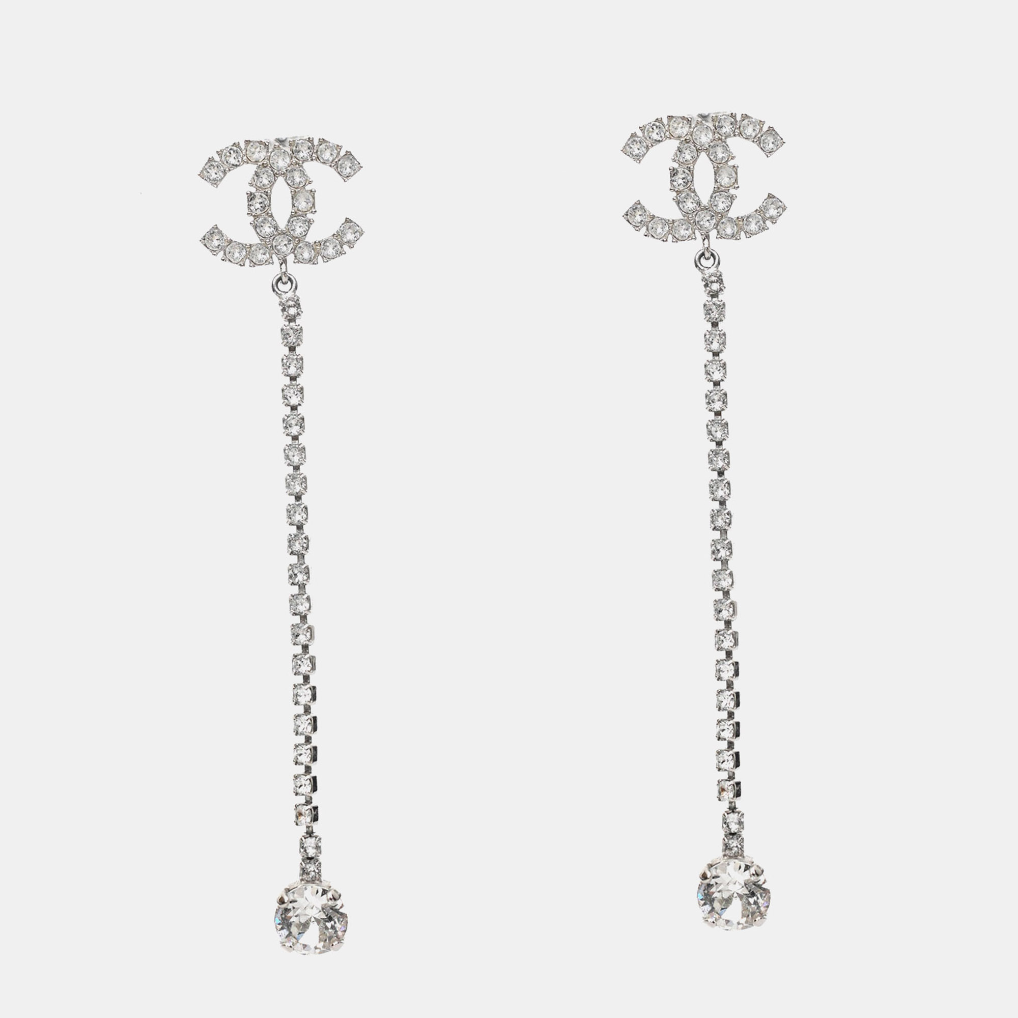 

Chanel 2018 Silver Tone Metal CC Crystal Ear Pendants