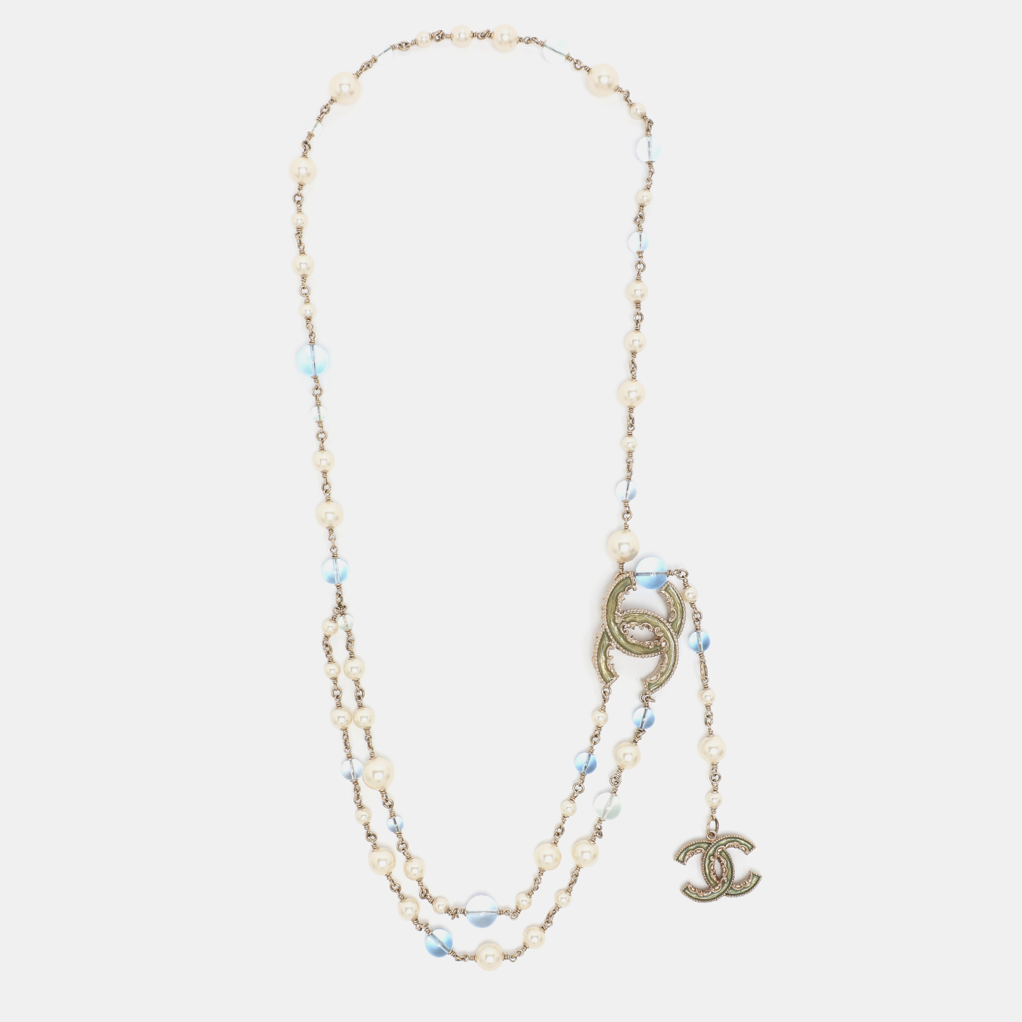 

Chanel Gold Tone Multicolor Faux Pearl CC Multi Layered Long Necklace