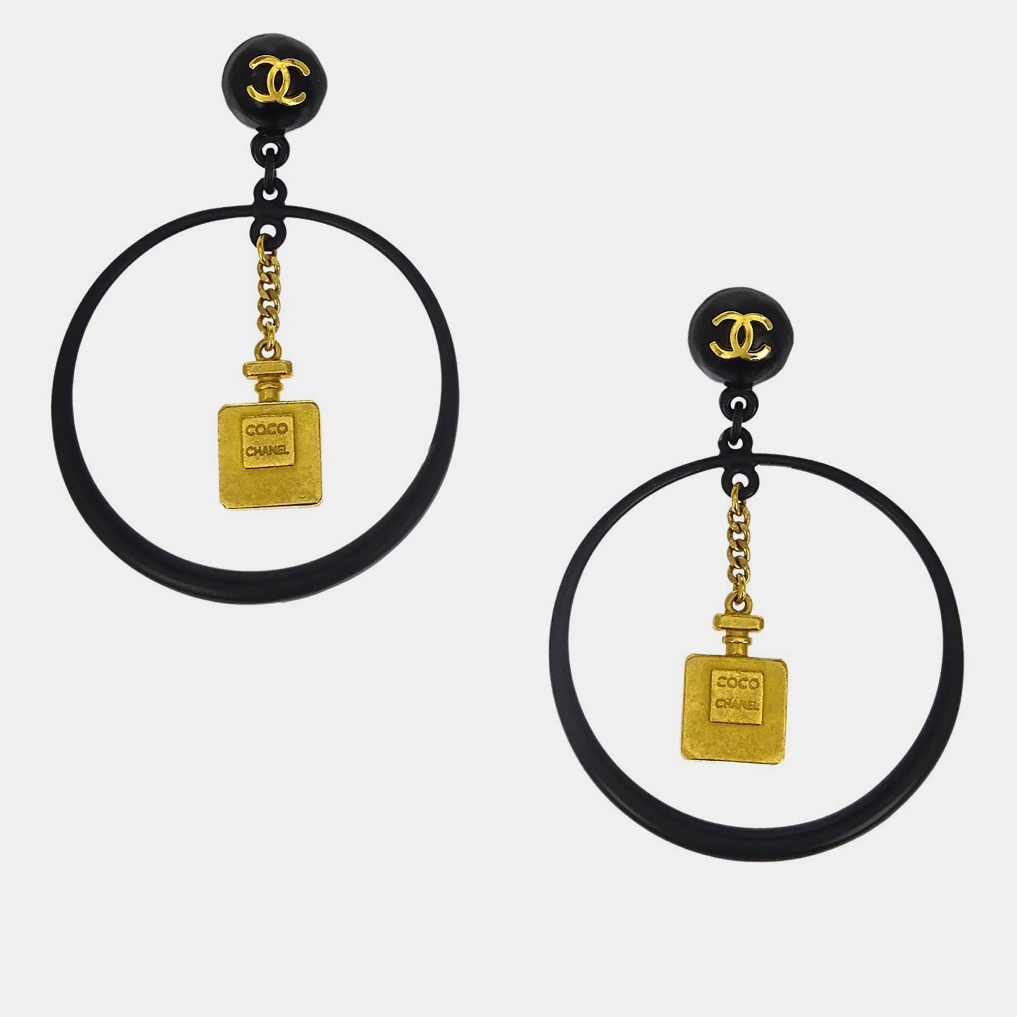 

Chanel Gold Black Hoop Dangle Perfume Bottle Earrings Clip-On