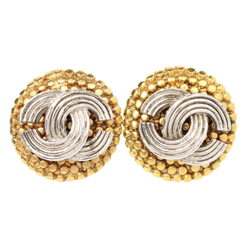 Pre Owned Chanel CC Silver and Gold Tone Stud Earrings