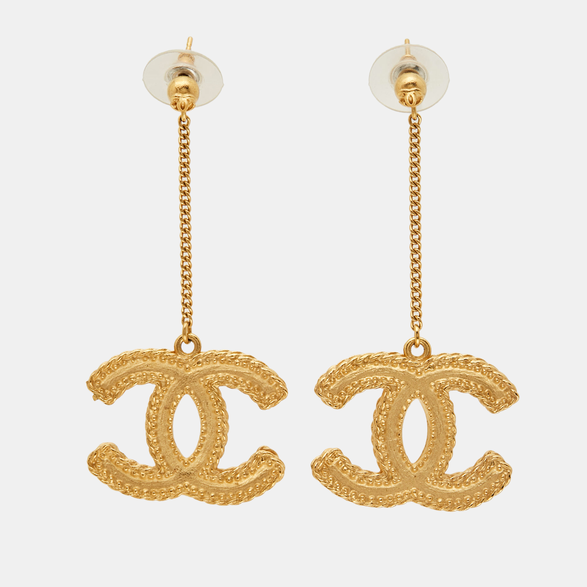 

Chanel CC Textured Gold Tone Long Drop Earrings