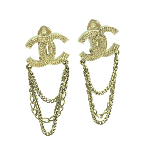 Chanel CC Logo Dangling Chains Gold-Plated Earrings