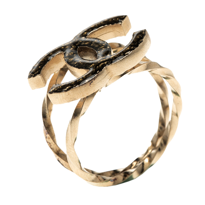 Chanel CC Enamel Gold Tone Ring Size 54