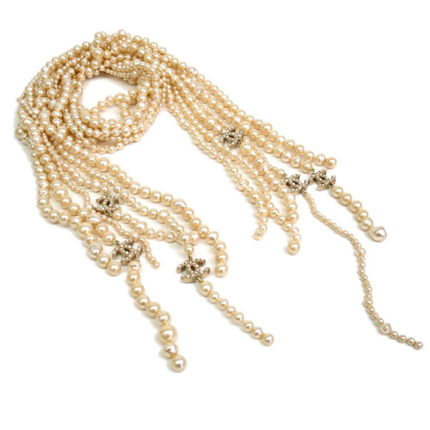 Pre Owned Chanel Pearl Multistrand Lariat Necklace