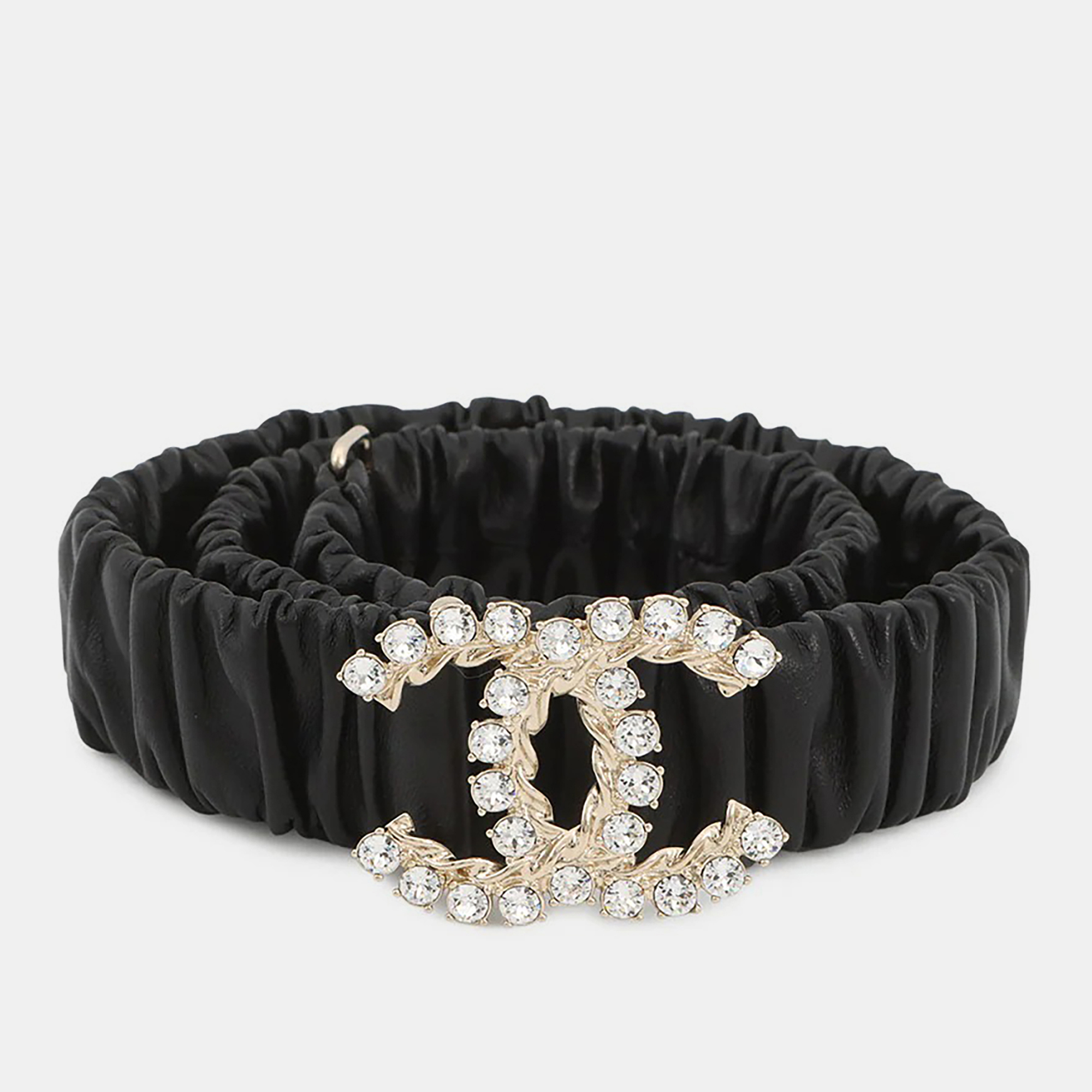 

Chanel CC Logo Belt Bijoux Black Leather Rhinestone Size