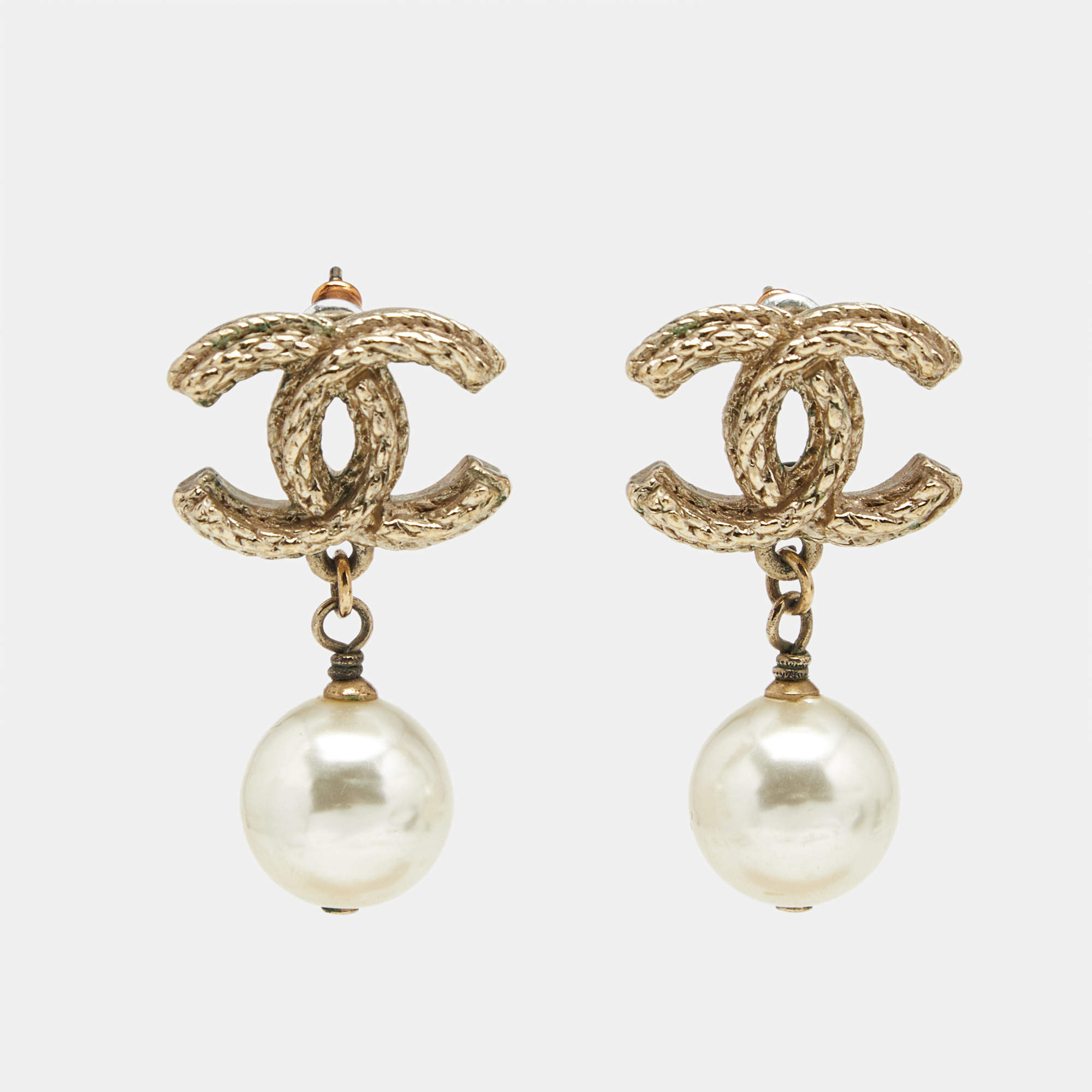 

Chanel CC Faux Pearl Gold Tone Earrings