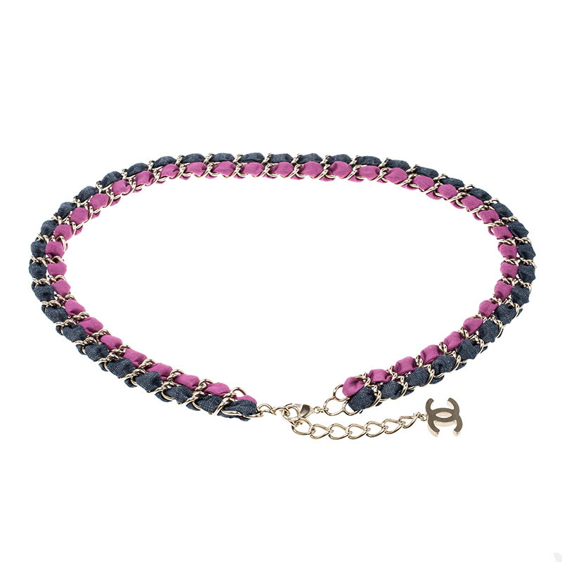 Pre Owned حزام شانيل CC قماش ثنائي اللون مخزول سلسلة ذهبية