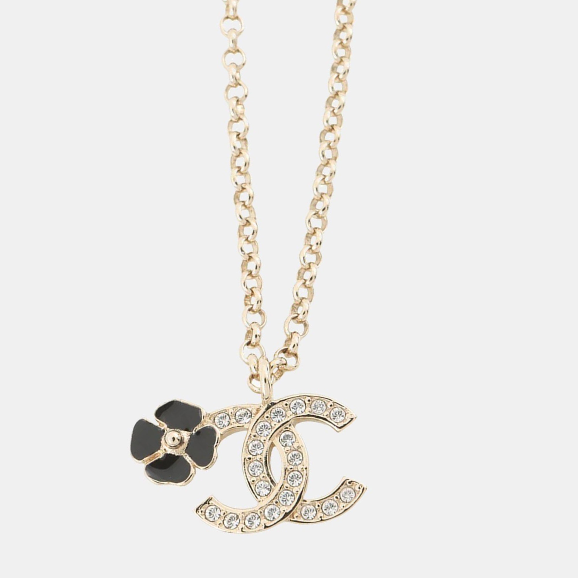 

Chanel Cc Logo Clover Necklace Gold/Black Metal Rhinestone