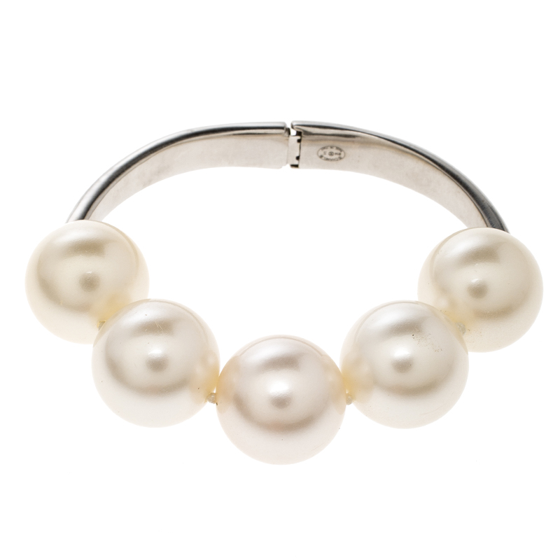 

Chanel CC Faux Pearl Silver Tone Bracelet, Cream
