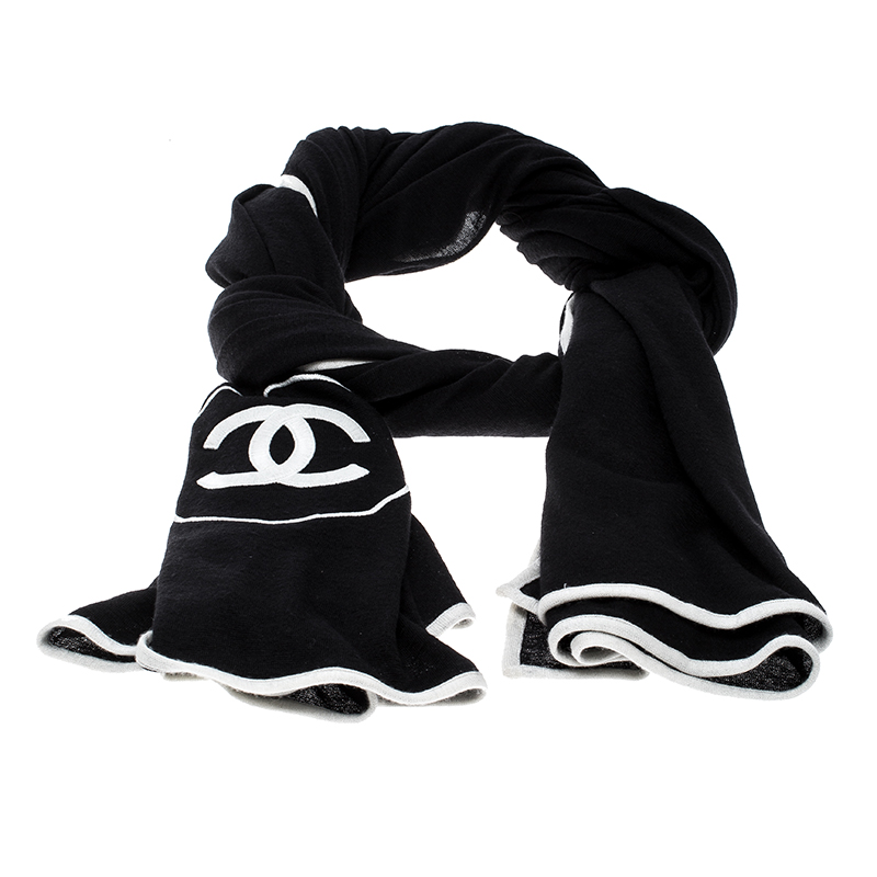 Chanel Monochrome CC Logo Embroidered Cashmere and Silk Knit Scarf