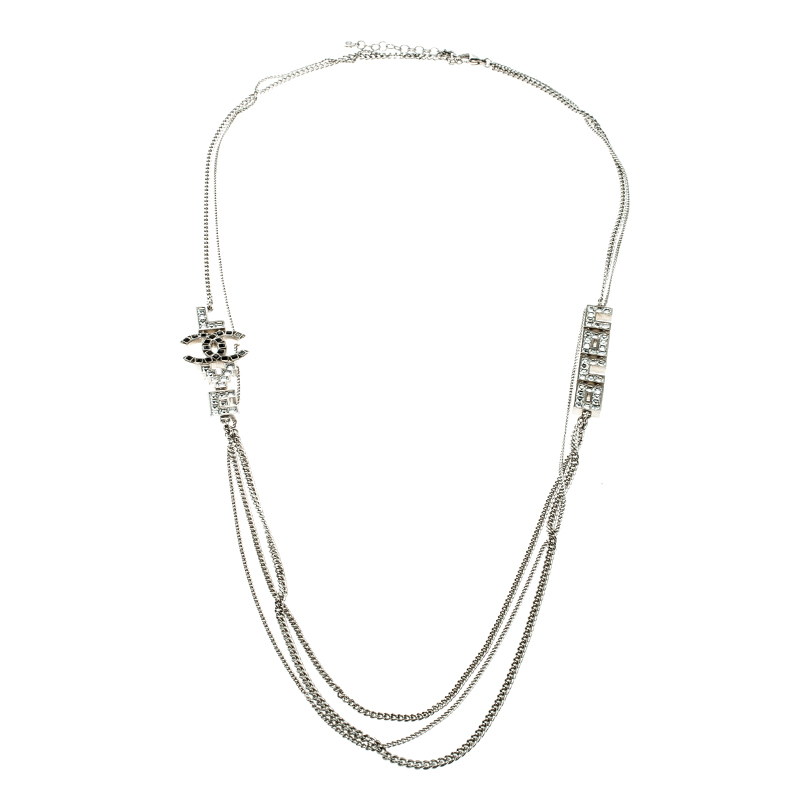 Chanel CC Coco Love Crystal Silver Tone Multi Strand Necklace