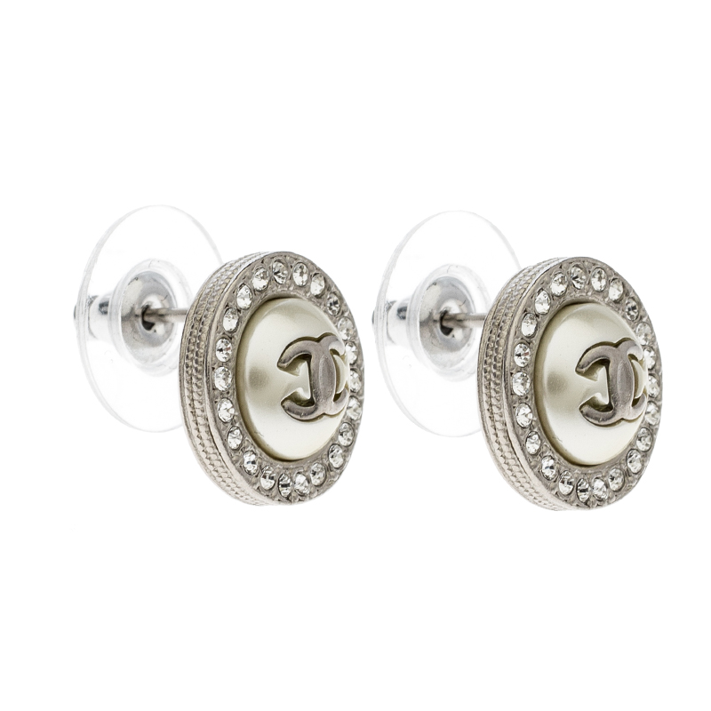 Chanel CC Faux Pearl Crystal Round Stud Earrings Chanel TLC