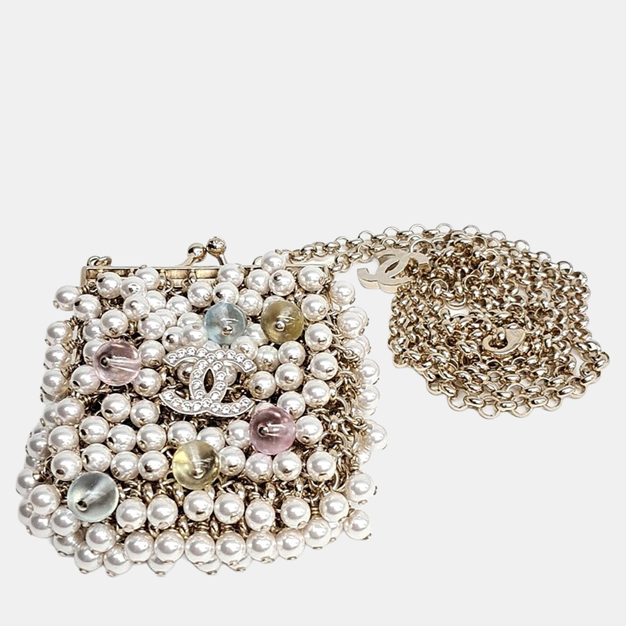 

Chanel CC Gold Crystal Pearl Mini Pouch Necklace