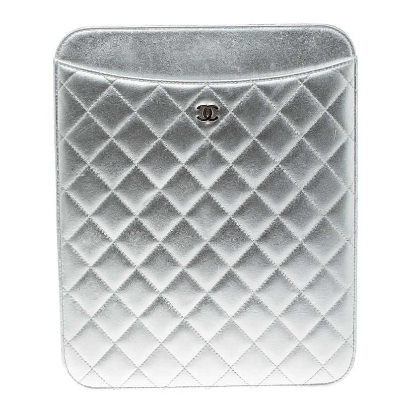 Chanel Silver Quilted Leather IPad Case