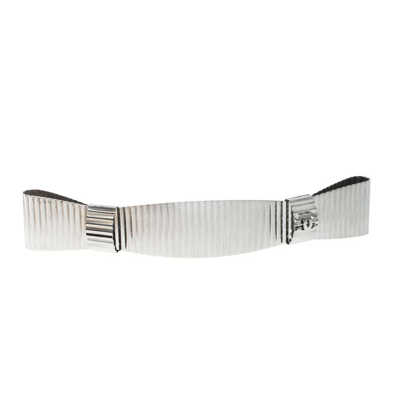 Pre Owned Chanel CC Textured Double Bow Silver Tone Barrette Hair Clip