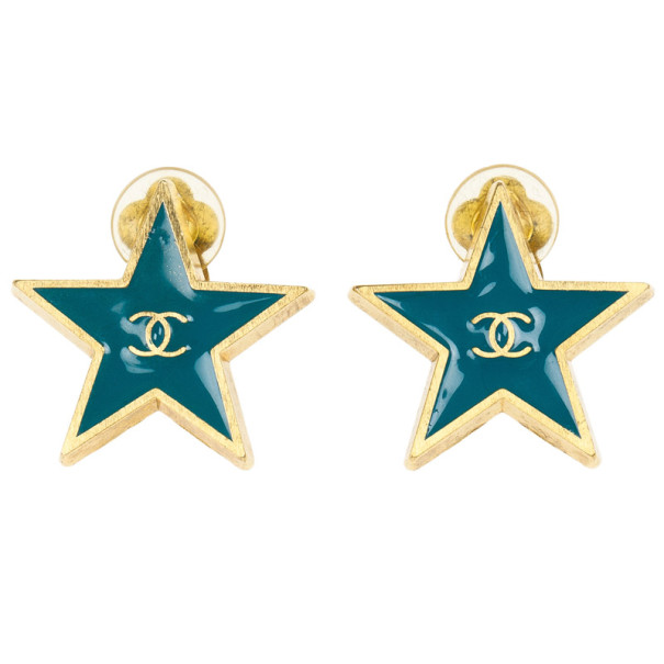 Pre Owned Chanel Star Blue Gold Tone Metal Earrings