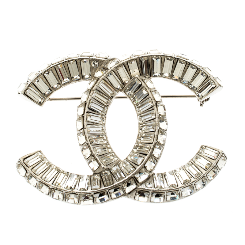 CHANEL Baguette Crystal CC Brooch Silver 432481