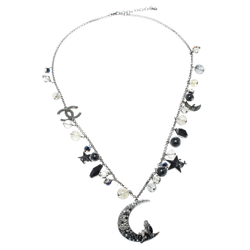 Pre Owned Chanel CC Moon Crystal Bead Charm Silver Tone Pendant Necklace