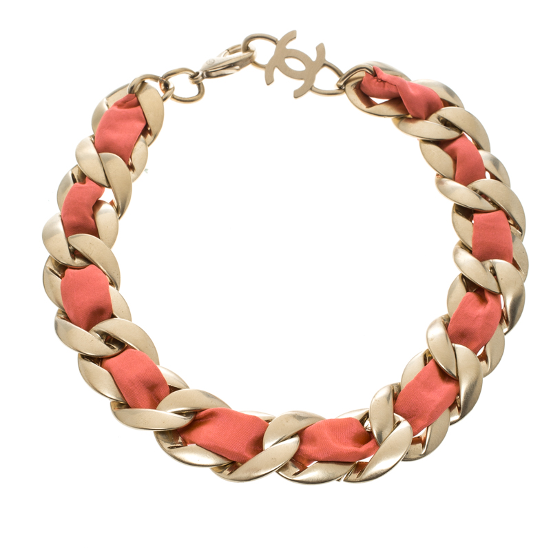 Chanel Pink Fabric Gold Tone Chain Link 