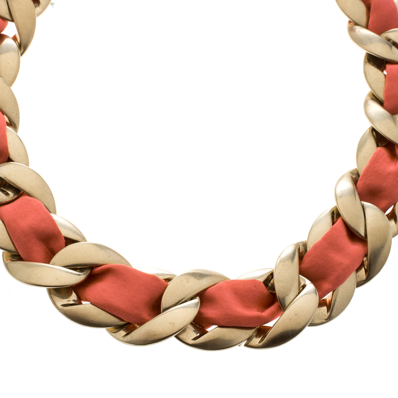 

Chanel Pink Fabric Gold Tone Chain Link Choker Necklace