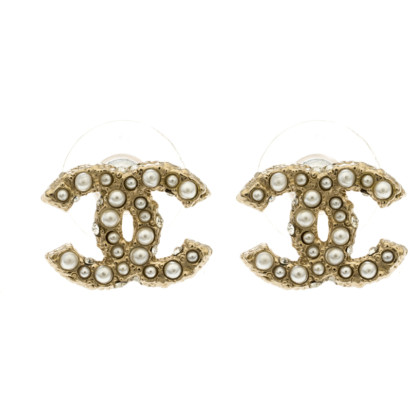 Chanel CC Faux Pearl Crystal Gold Tone Stud Earrings Chanel | The ...