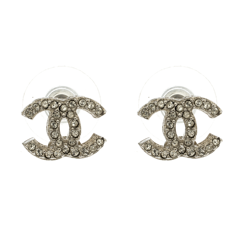 مملوكة مسبقًا Chanel CC Crystal Silver Tone Mini Stud Earrings