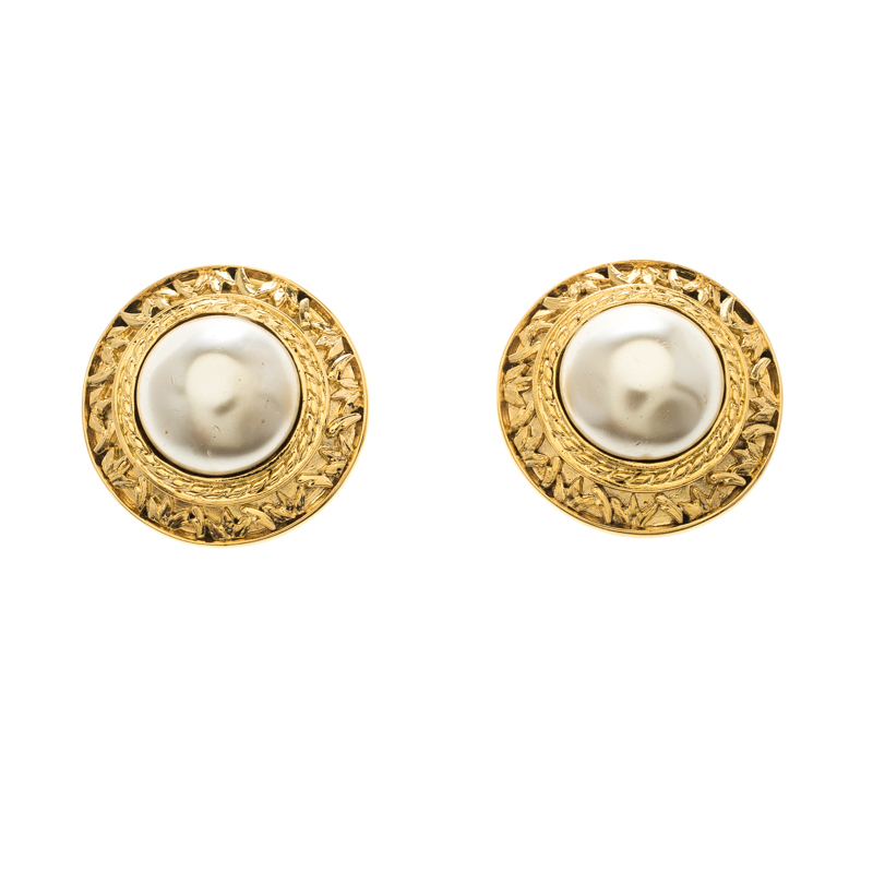 Chanel CC Vintage Textured Faux Pearl Gold Plated Clip-on Stud Earrings