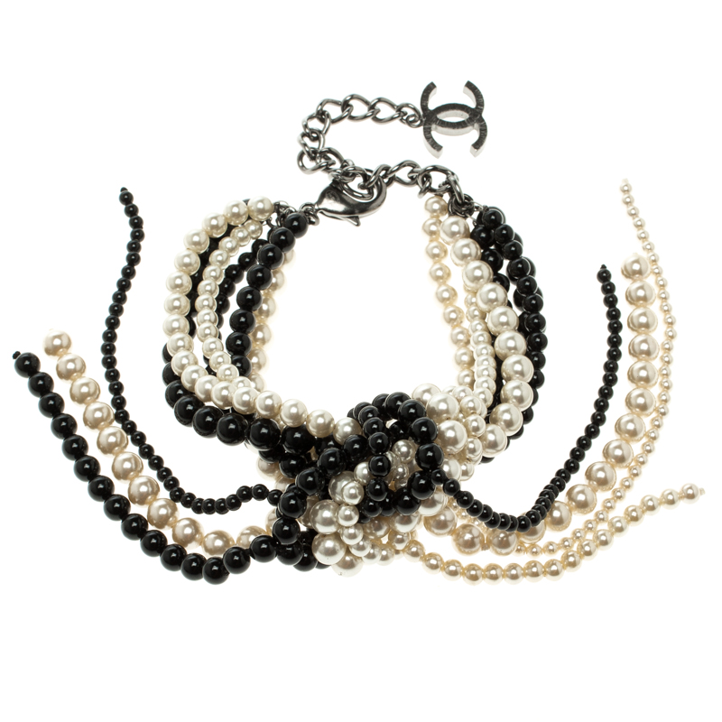 Chanel Faux Pearl Black Bead Multi Strand Tassel Bracelet