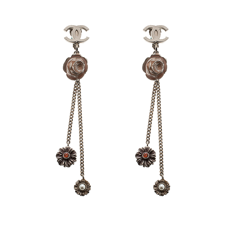 Chanel CC Flower Enamel Crystal Gold Tone Long Tassel Clip-on Earrings