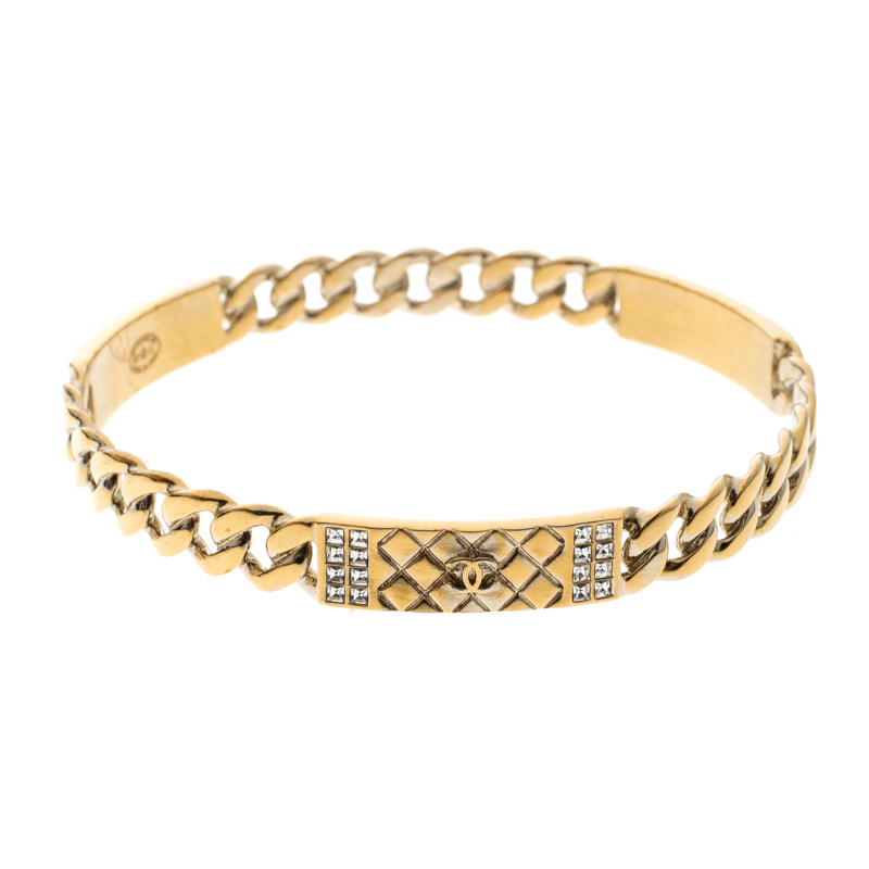 Pre Owned Chanel CC Crystal Textured Chain Link Gold Tone Bangle Bracelet