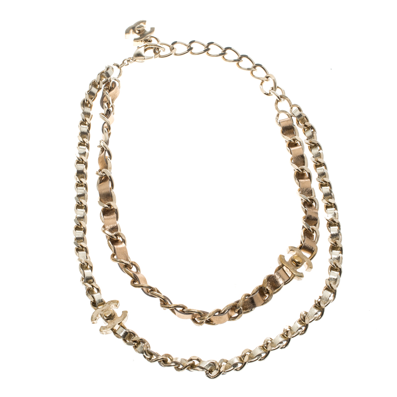 Chanel Turnlock Metallic Leather Gold Tone Double Chain Necklace