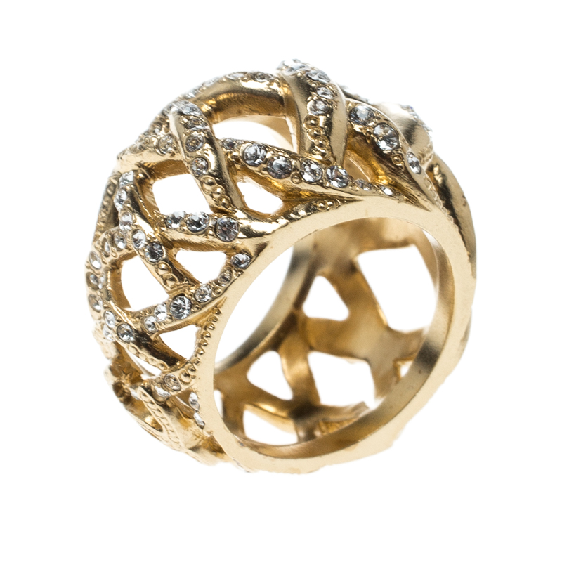 Chanel CC Criss Cross Crystal Gold Tone Band Ring Size 54